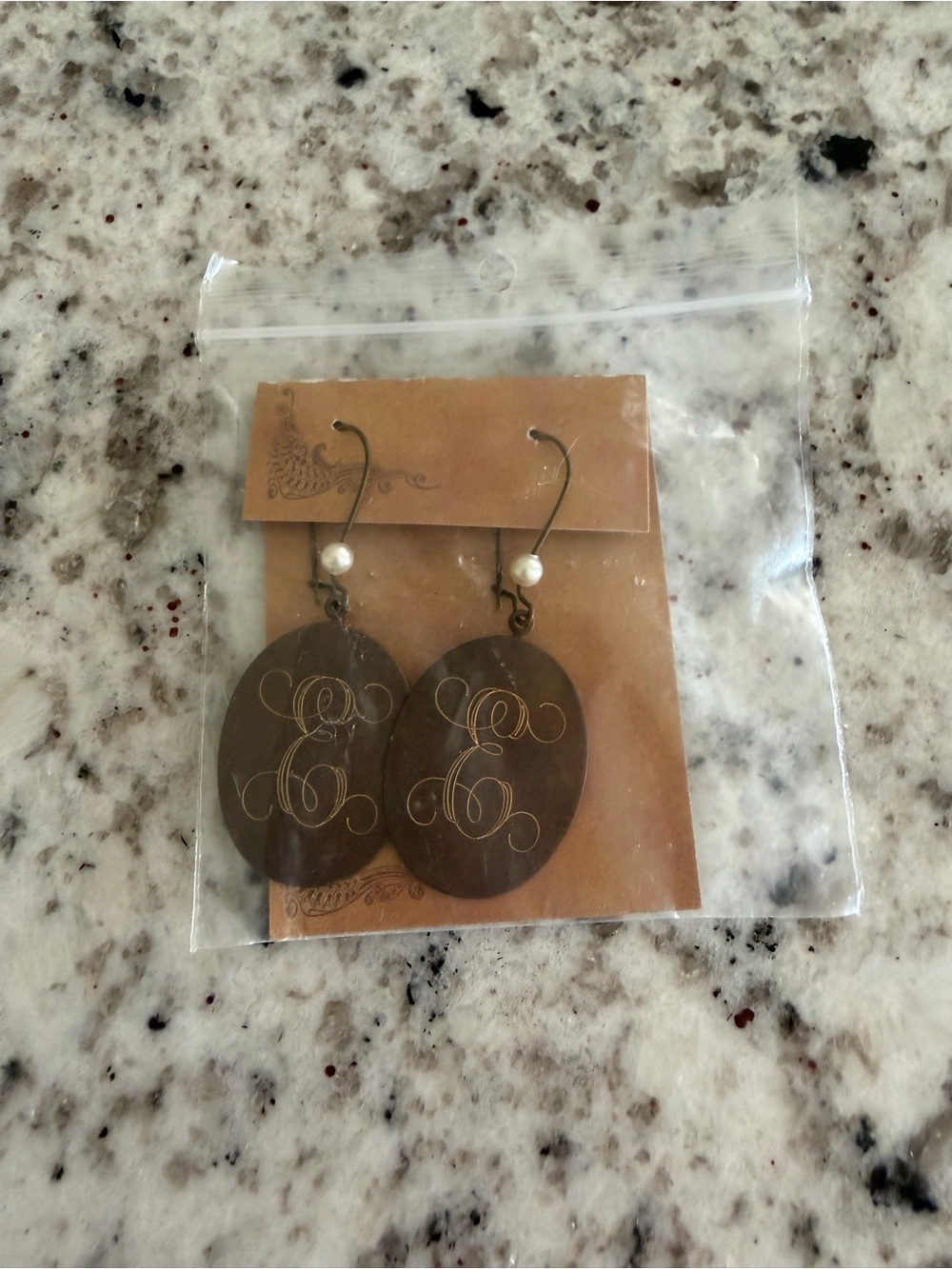 Monogram Oval Drop Earrings in Bronze with Pearl Accent